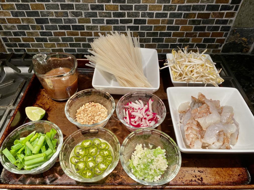 Mise en place laid out in bowls before service